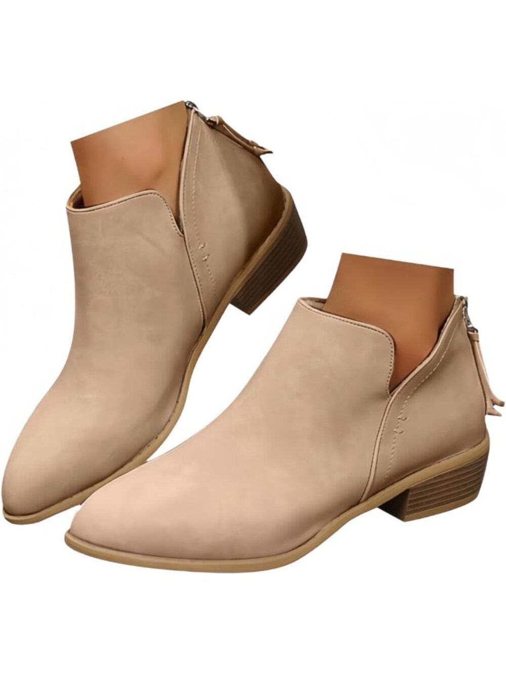 Women Suede Ankle Cowboy Boots Pointed Toe Low Block Heel Western Booties-Khaki2